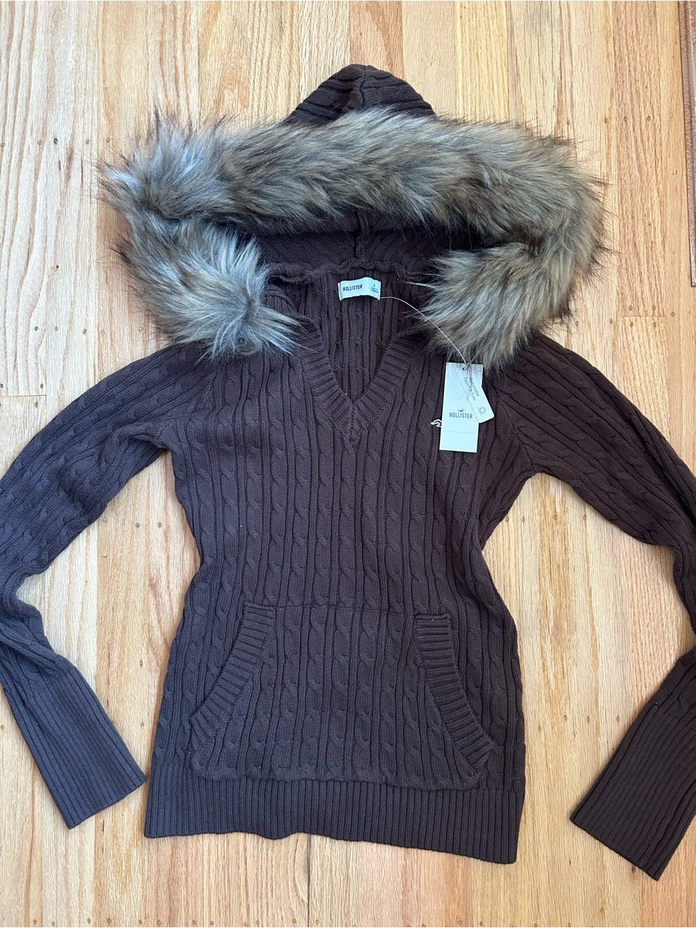 Hollister Brown Cable-Knit V-Neck Sweater with Faux-Fur Hood